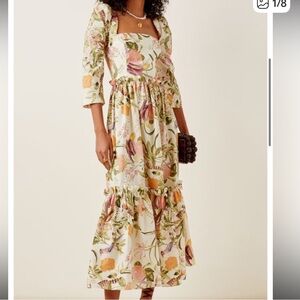 Cara Cara Blue Hill Jacobean Sleeve Floral Dress - Pink, Green, Cream Tropical